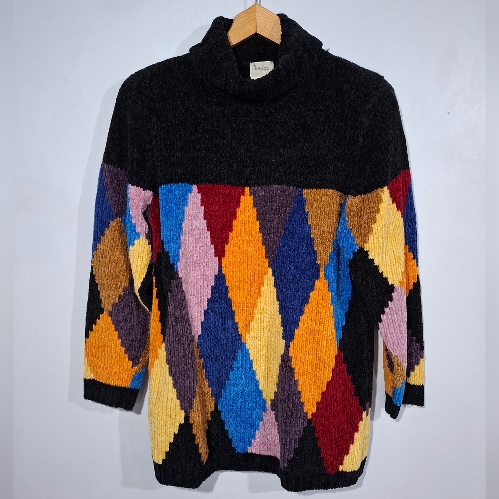 Neiman Marcus Womens Chunky Knit Argyle Turtleneck Vintage Sweater S Oversized